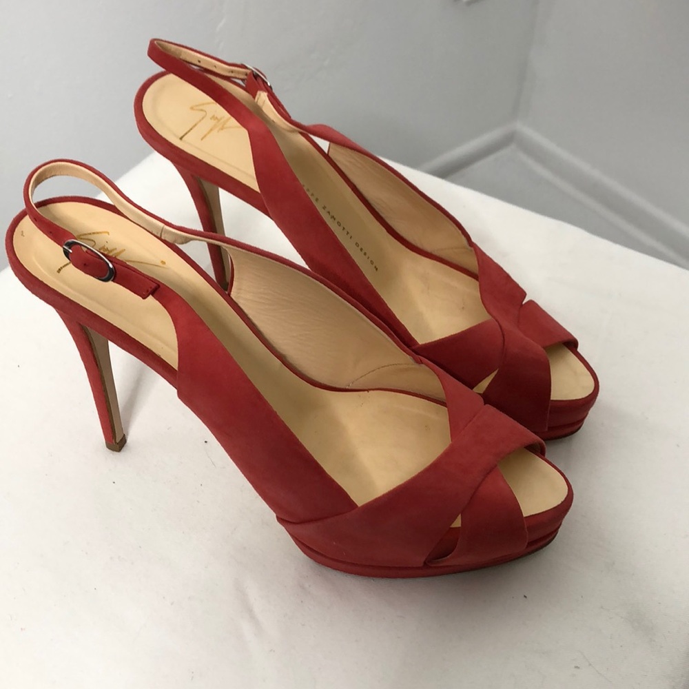 Giuseppe Zanotti Coral Suede Peep Toe Sling Backs